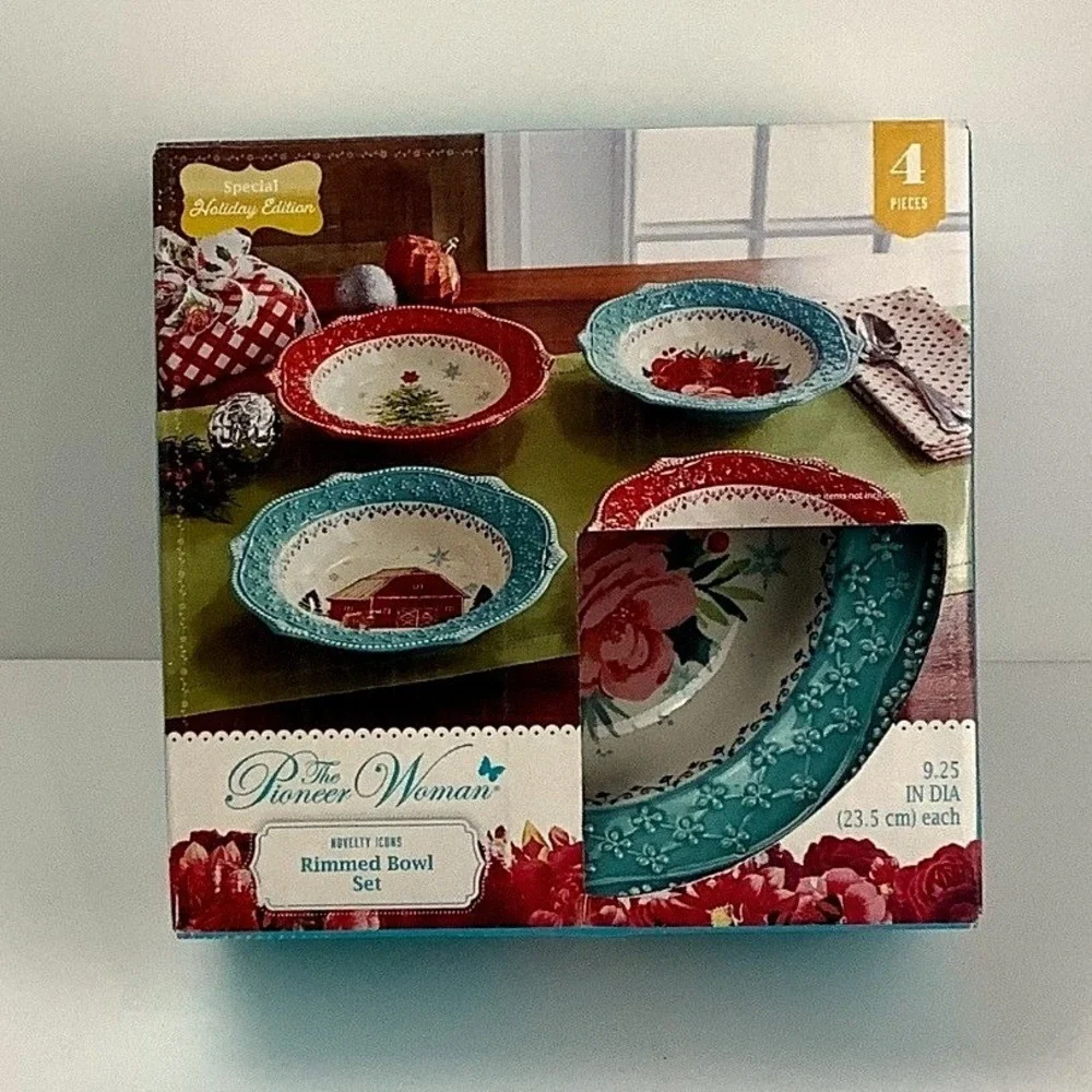 The Pioneer Woman Jolly Icons 4-Piece Rimmed Bowl Set Holiday Edition 9.25in